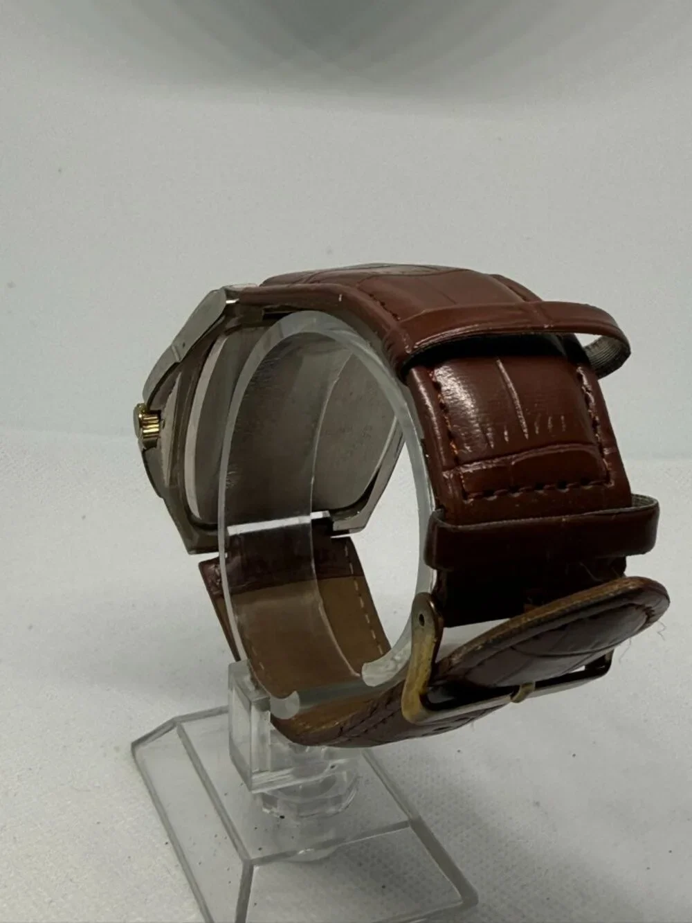 U.S. Polo Assn. Men's Rectangular Gold-Tone Watch Brown Leather Strap USC2117